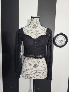 Almost Famous Black Lace Corset-Style Long Sleeve Top